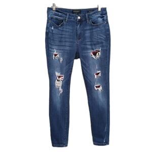 JUDY BLUE Skinny Fit Jeans Medium Wash Stretch Denim Red Plaid Ripped Women's 31